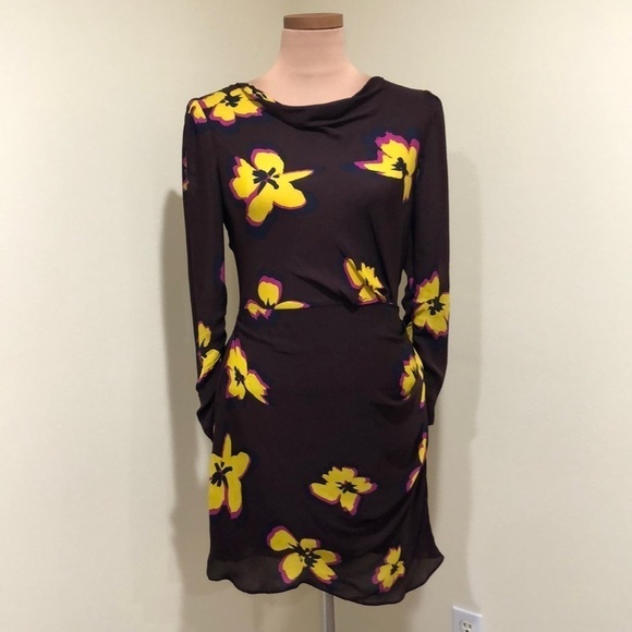 A.L.C Grace Dress Size 4 Dark Brown Silk Floral Cowl Neck Ruched Mini - Picture 2 of 12